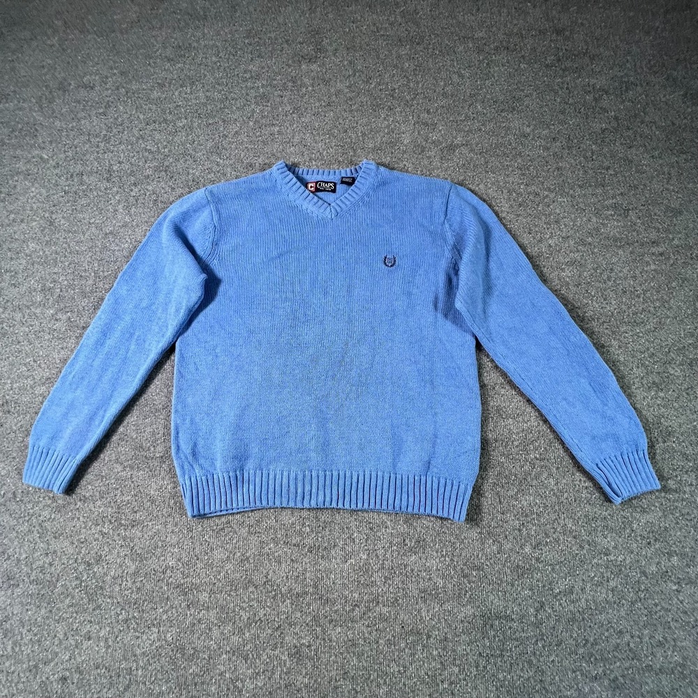 Chaps Mens Sweater L Blue Cotton V-Neck Pullover Preppy Career Tight-Knit